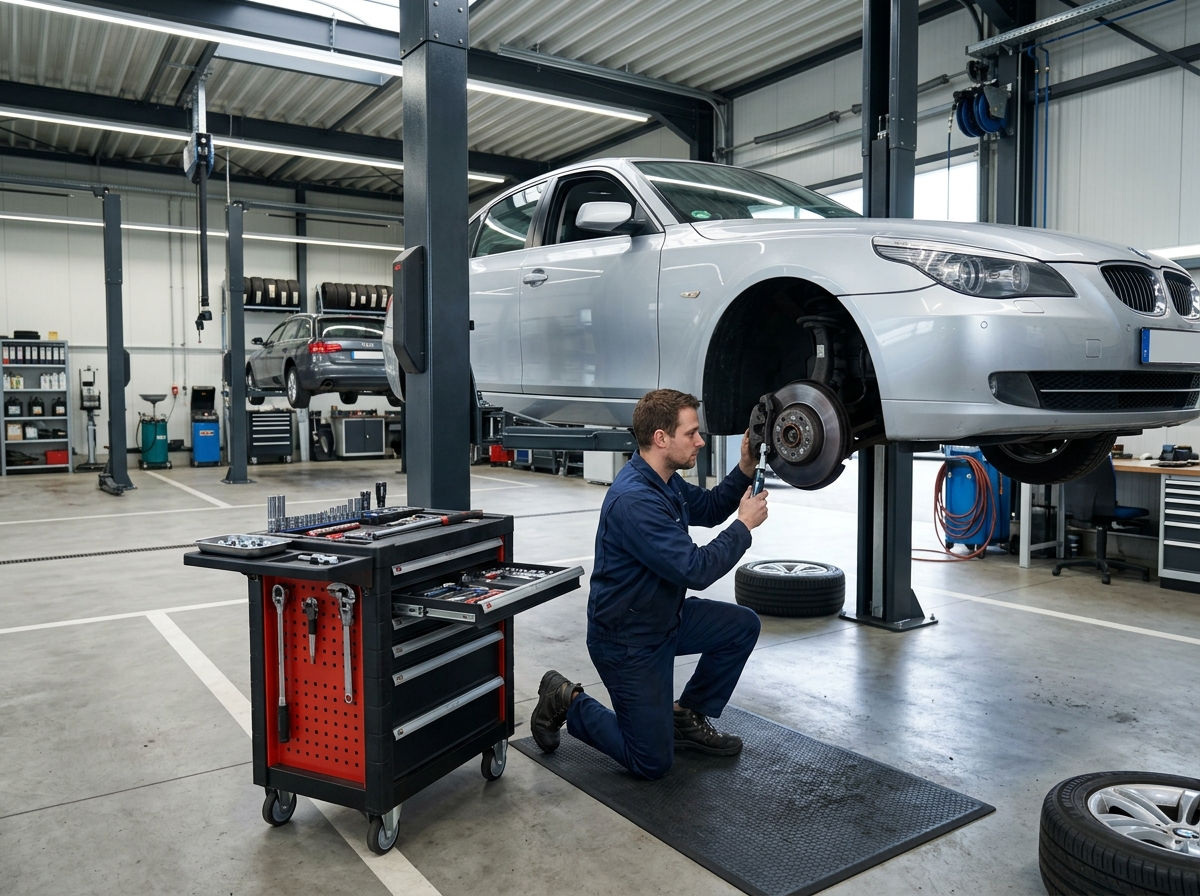 BMW brake inspection by technician in Bend, Oregon
