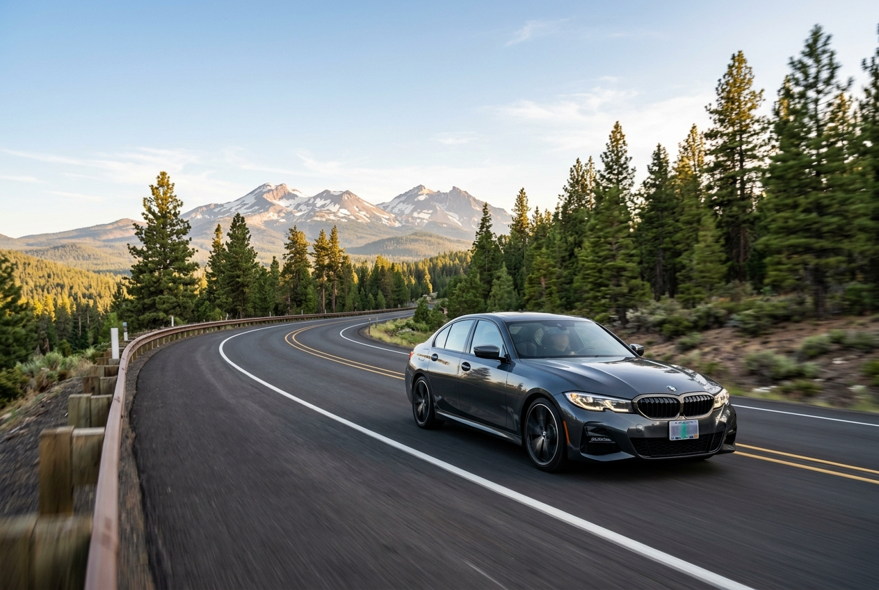 BMW driving through the mountains near Bend, Central Oregon