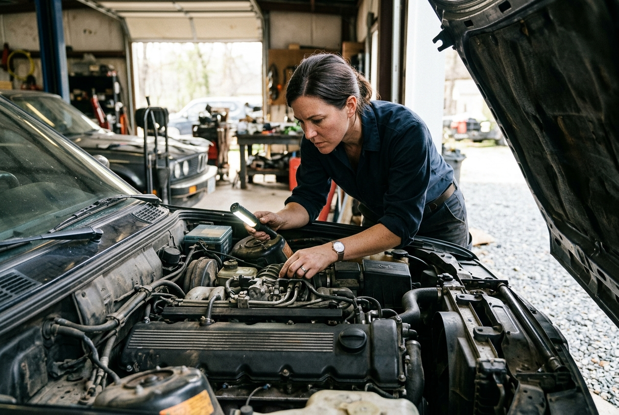Technician inspecting BMW engine bay in Bend, Oregon